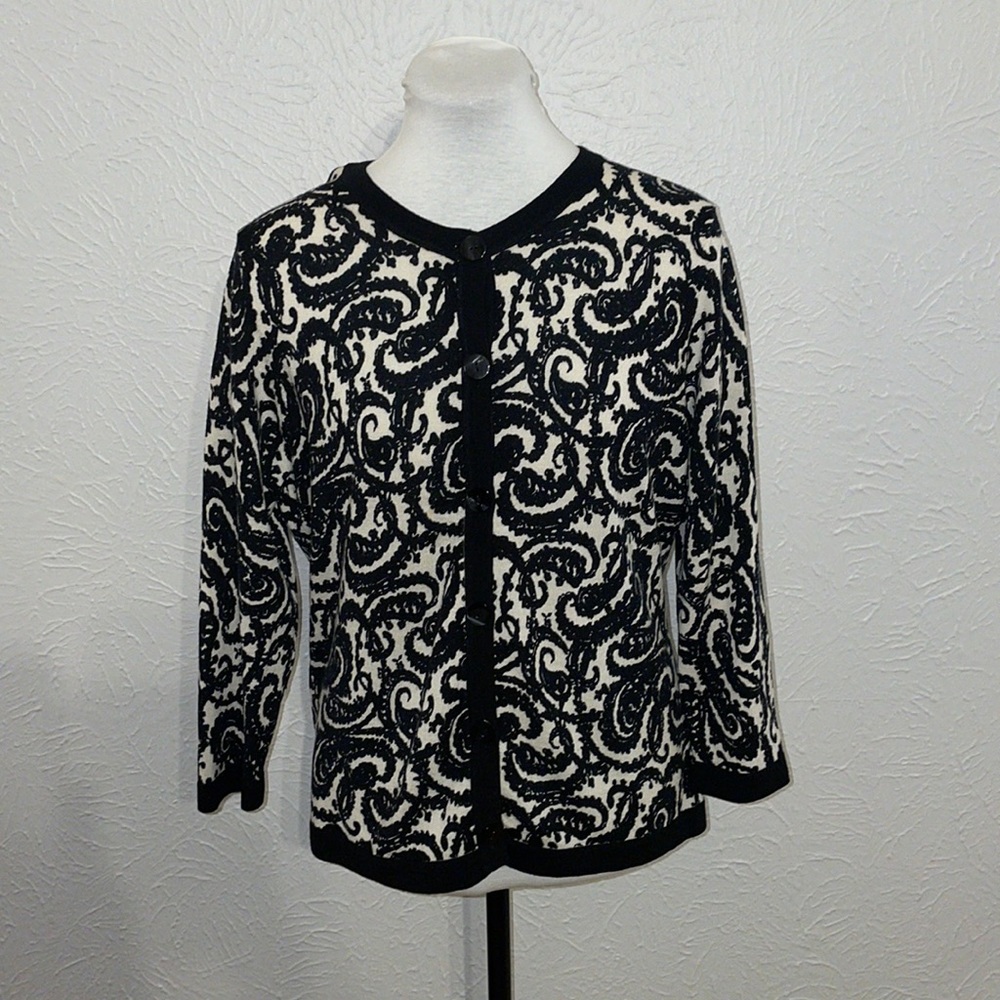 Talbots Black & White Paisley Cardigan 100% Merino Wool